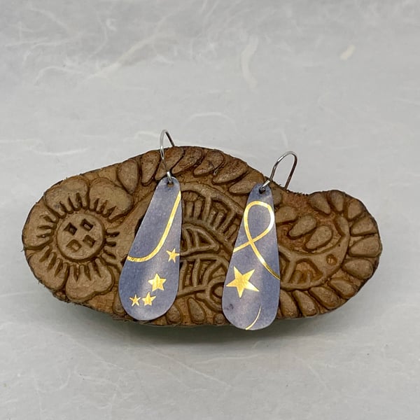 Blue drops with gold stars recycled tin earrings with silver
