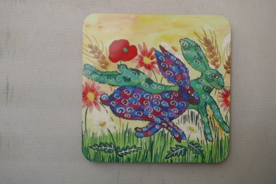 Quirky Hares among flowers   Coaster 9 cm x 9 cm