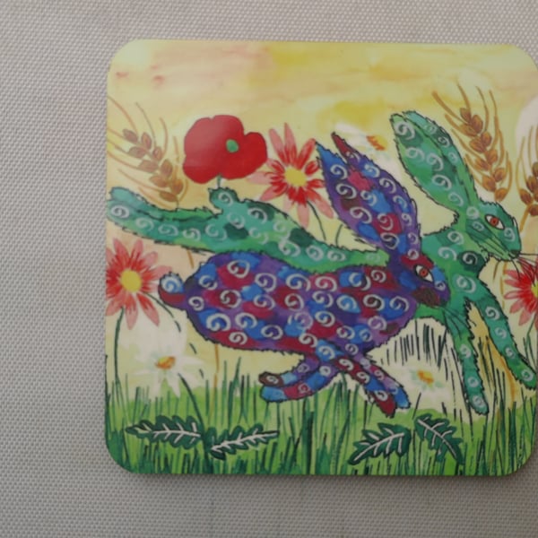 Quirky Hares among flowers   Coaster 9 cm x 9 cm