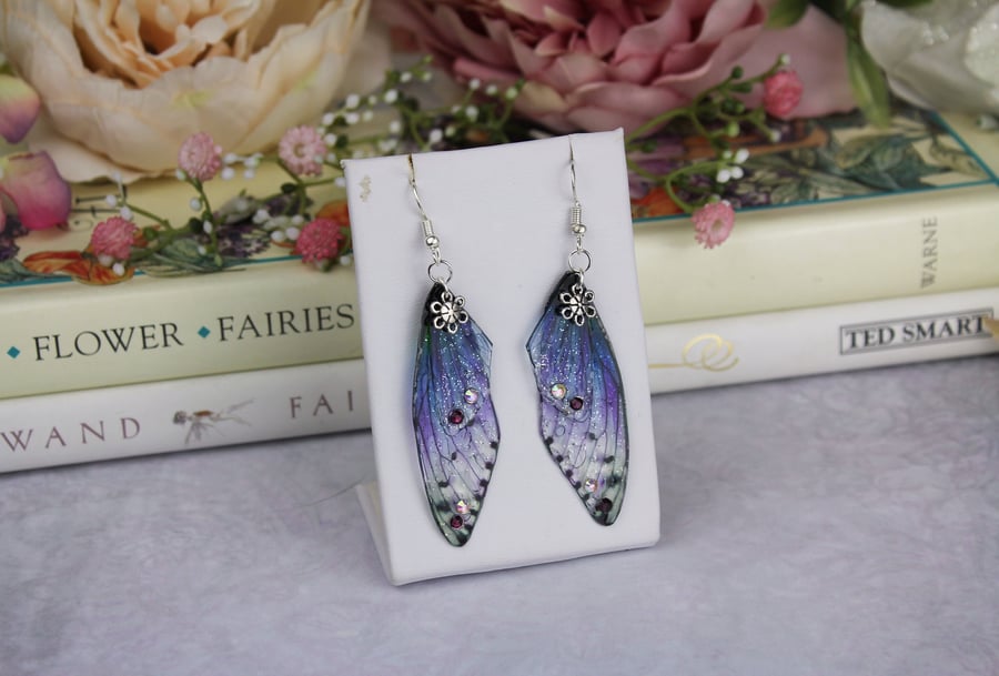 Beautiful Small Mystical Cicada - Deep Purple Blue Green Fairy Wing Earrings