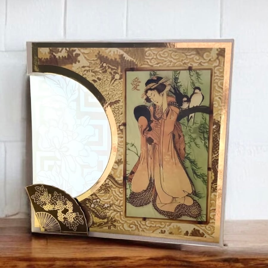 Japanese inspired blank greetings card. Decoupage blank greetings card.