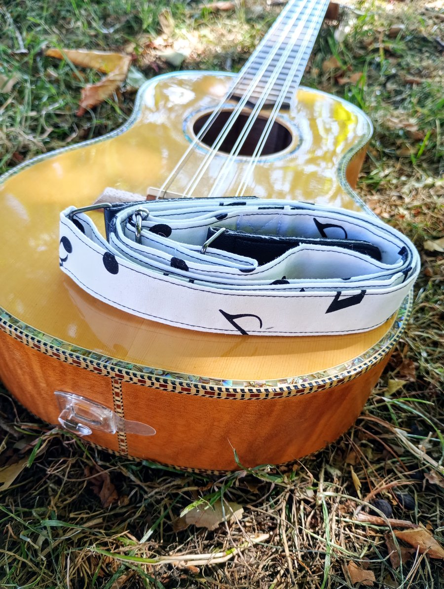 Monochrome musical notes ukulele strap, black and white uke strap, two tone