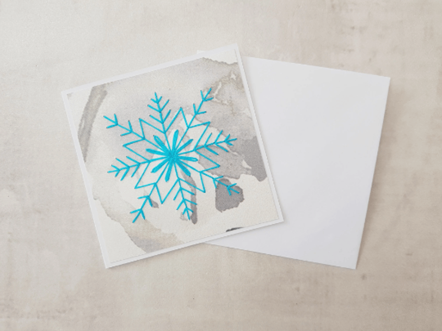 SALE Hand Stitched Blue Snowflake Christmas Card