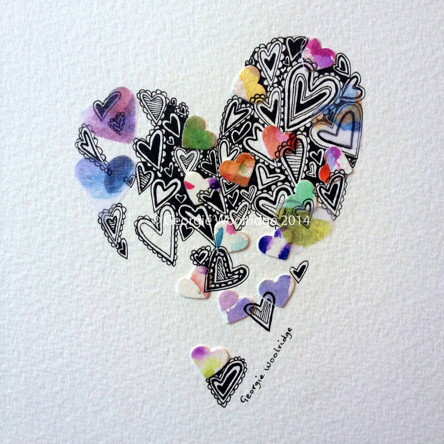 'Layered Hearts' Original drawing and collage
