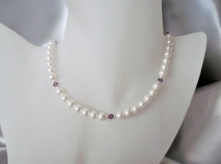 White Swarovski Pearls & Purple Crystals Sterling Silver Wedding Necklace