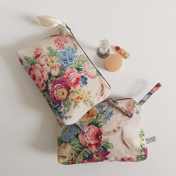 Make up cosmetics or toiletries bag upcycled in a vintage roses print fabric