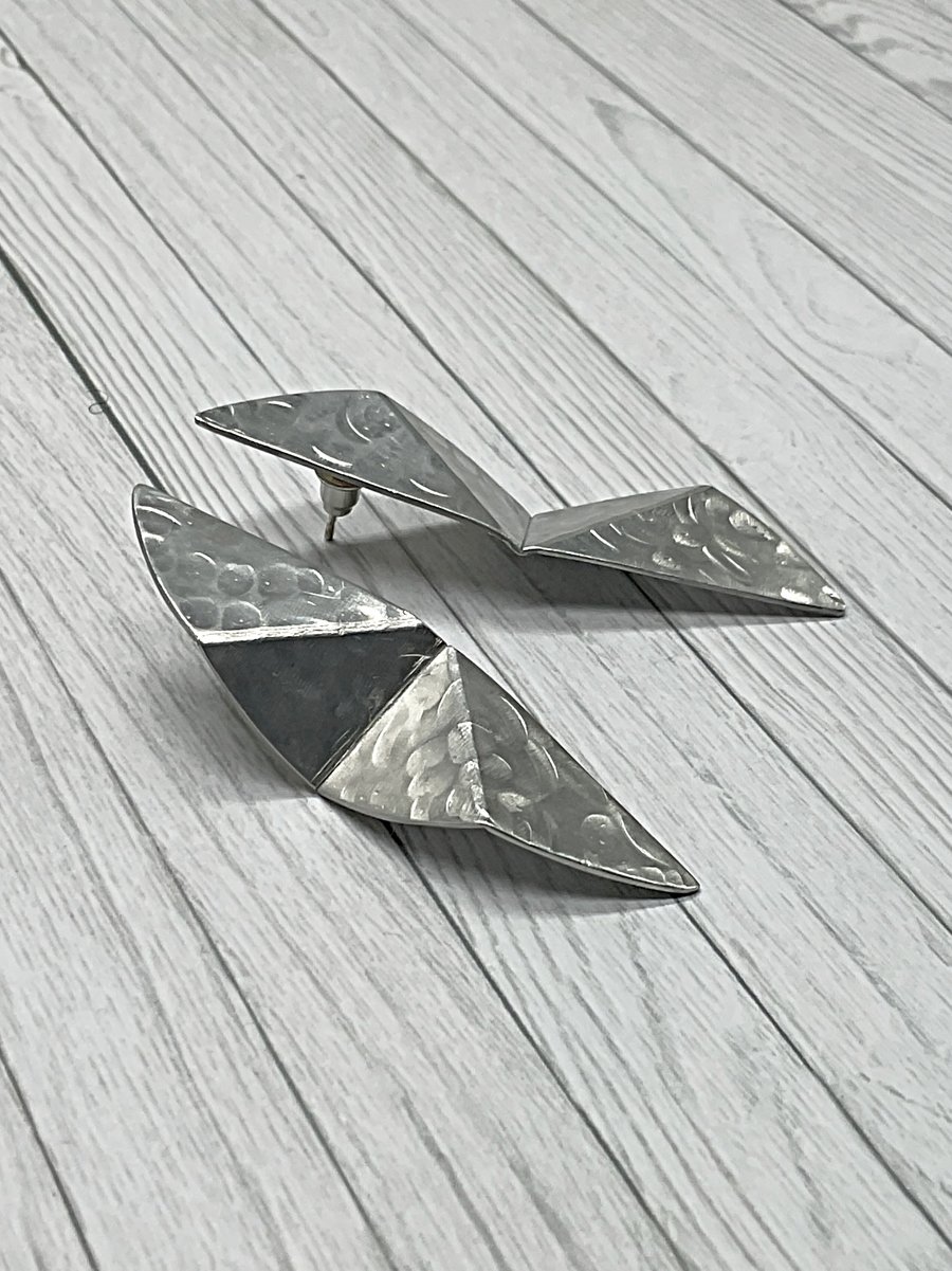 Aluminium Stud Earrings, Tri Folded Design, Round Hammered Texture, Silver