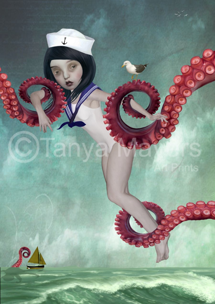 A4 Art Print Sailor Girl & Octopus The Distraction