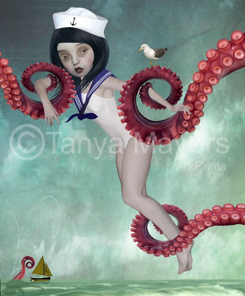 A4 Art Print Sailor Girl & Octopus The Distraction