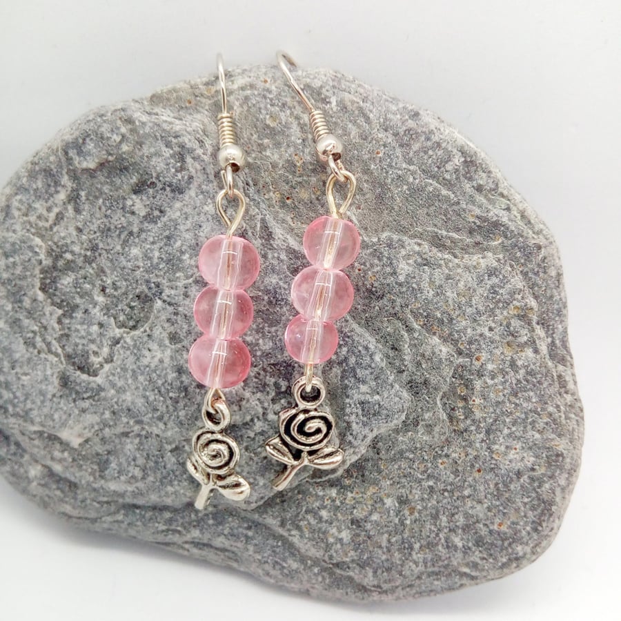 SALE - Earrings for Pierced Ears with Pink Beads and Silver Plate Rose Charms