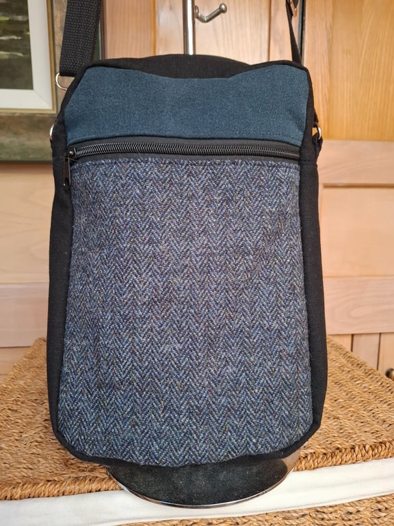 Black twill and light blue tweed bag