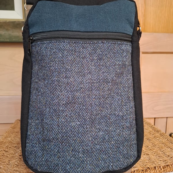 Black twill and light blue tweed bag