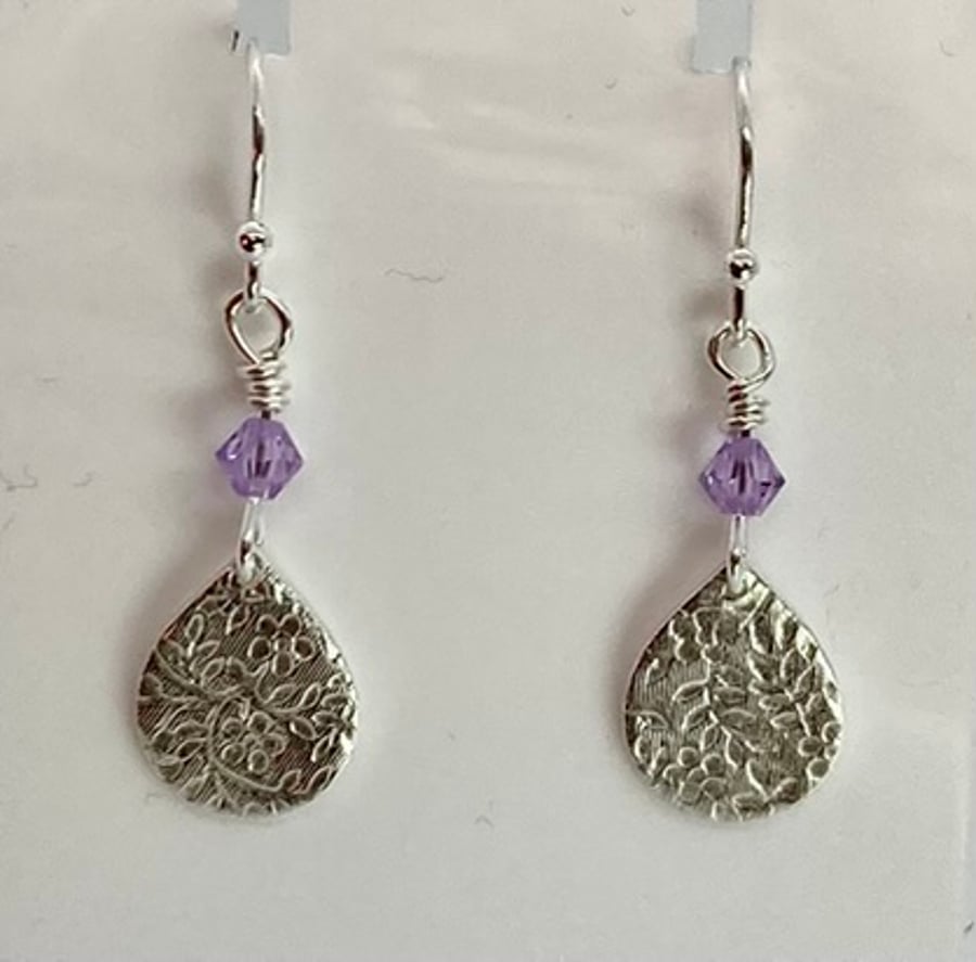 Silver teardrop earrings with lilac Swarovski crystals