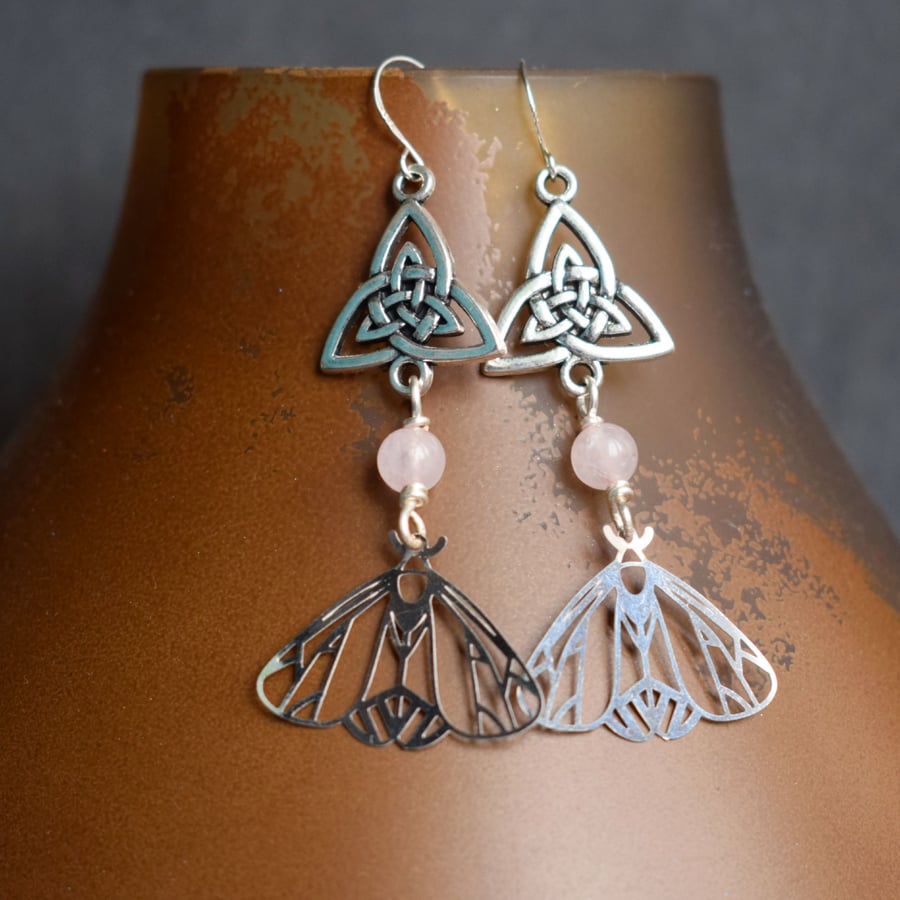Rose Quartz Triquetra and Moth Earrings with Sterling Silver Earwires