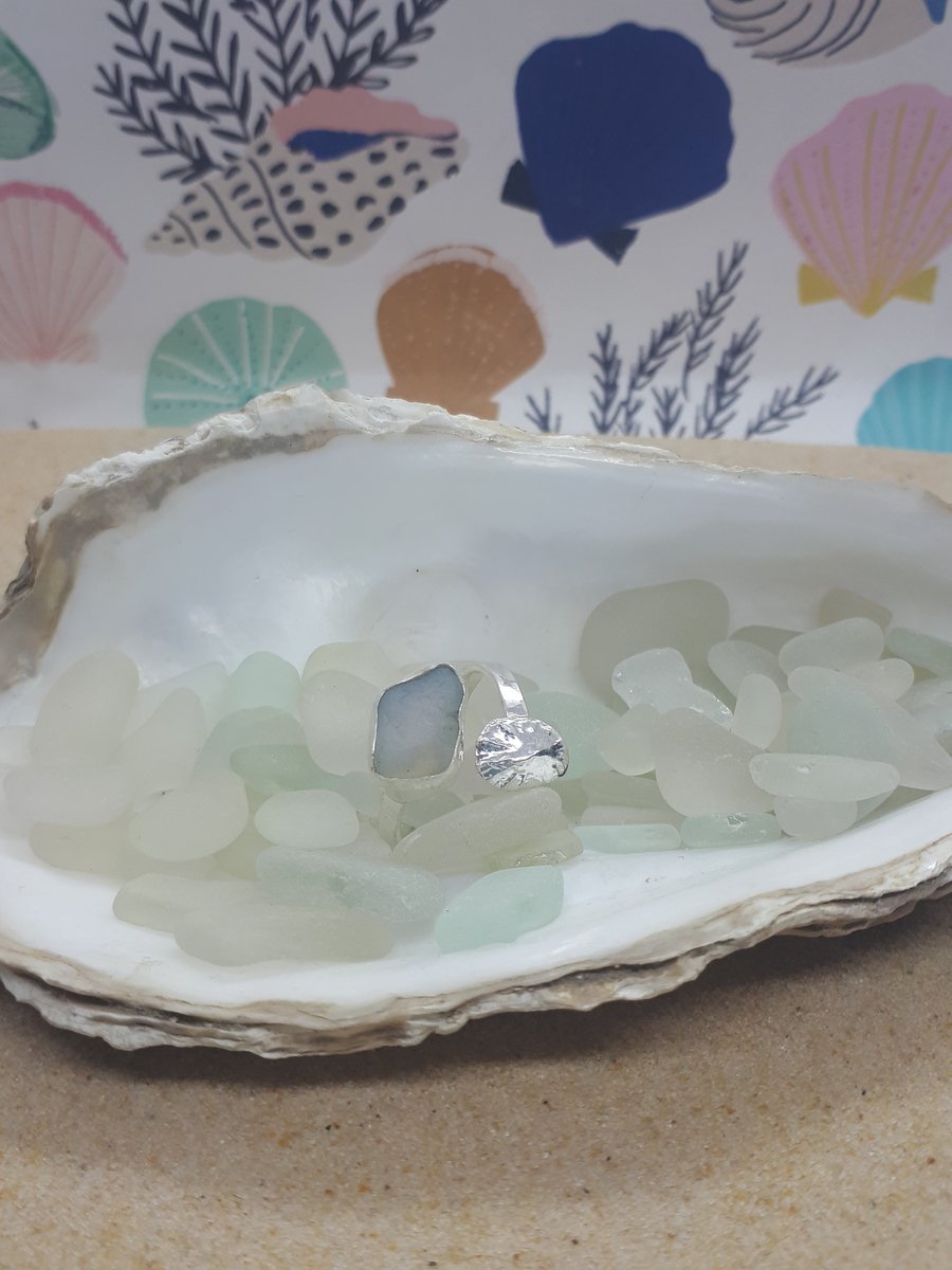 Opalescent Sea glass and limpet adjustable ring 