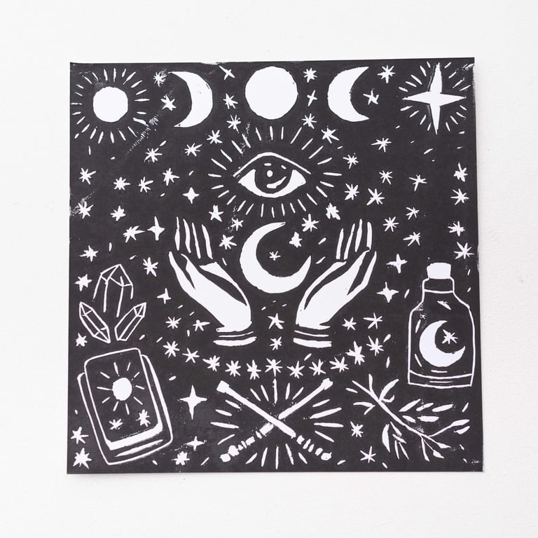 Witch MAGIC Lino print - small - black and white - handmade
