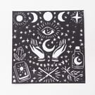Witch MAGIC Lino print - small - black and white - handmade