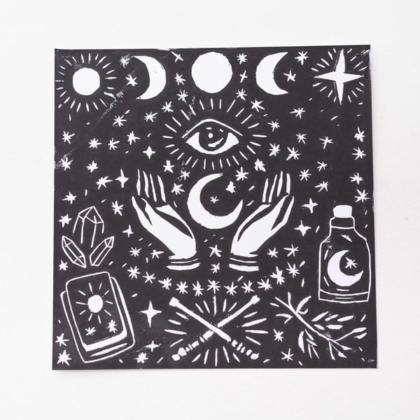 Witch MAGIC Lino print - small - black and white - handmade