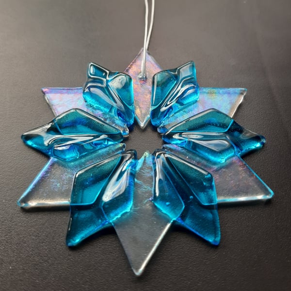 Fused Glass Snowflake Decoration - Light Turquoise Blue