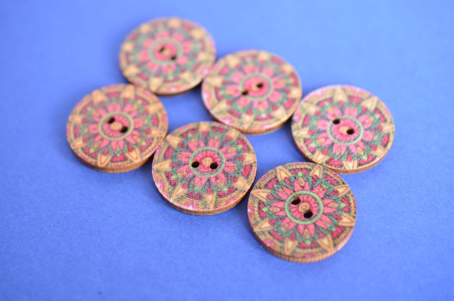 Wooden Mandala Patterned Buttons Pink Green Beige 6pk 25mm (M2)