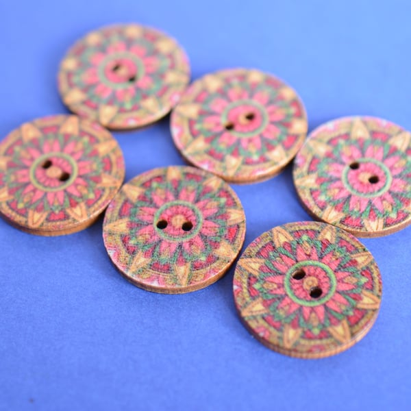 Wooden Mandala Patterned Buttons Pink Green Beige 6pk 25mm (M2)