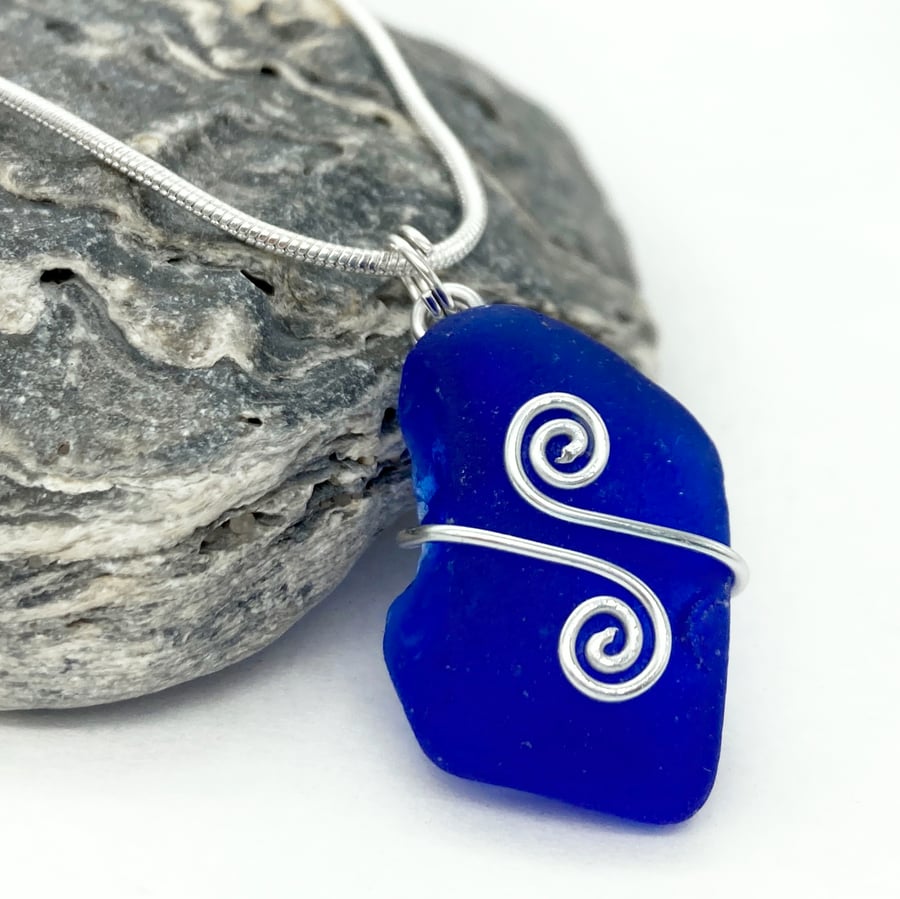 Sea Glass Pendant - Silver Celtic Wire Wrapped Blue Necklace Scottish Jewellery