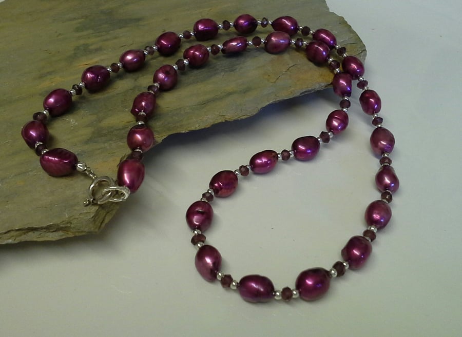 Genuine Freshwater Plum Baroque Pearl & Genuine  Rhodlite Garnet Necklace