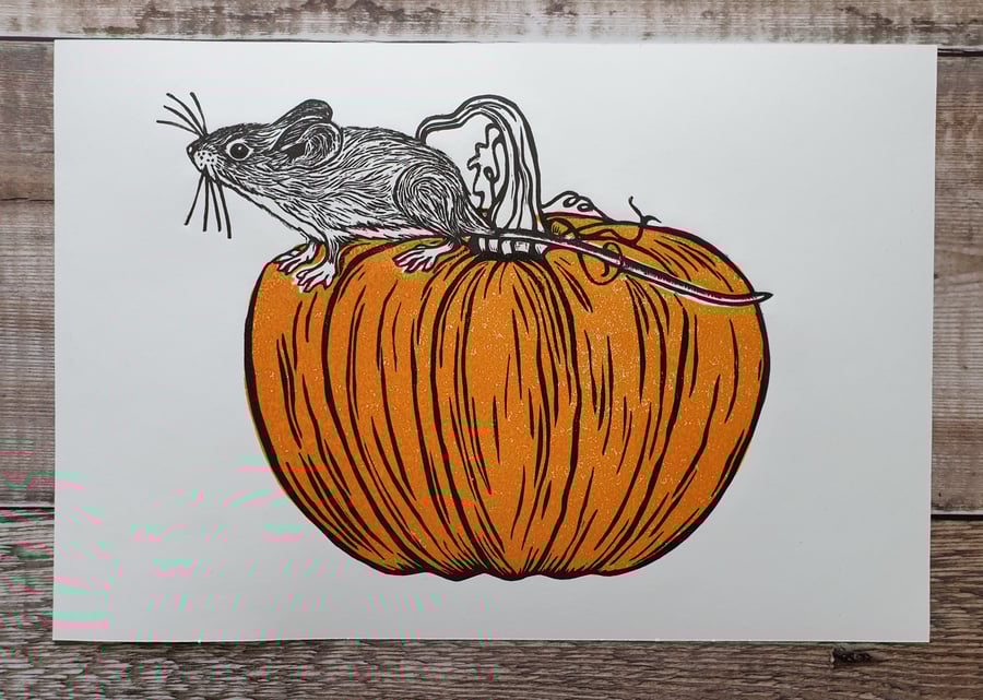 Autumn Mouse Lino Print - Mouse Linocut 