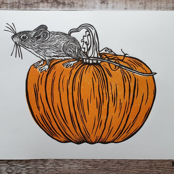 Autumn Mouse Lino Print - Mouse Linocut 