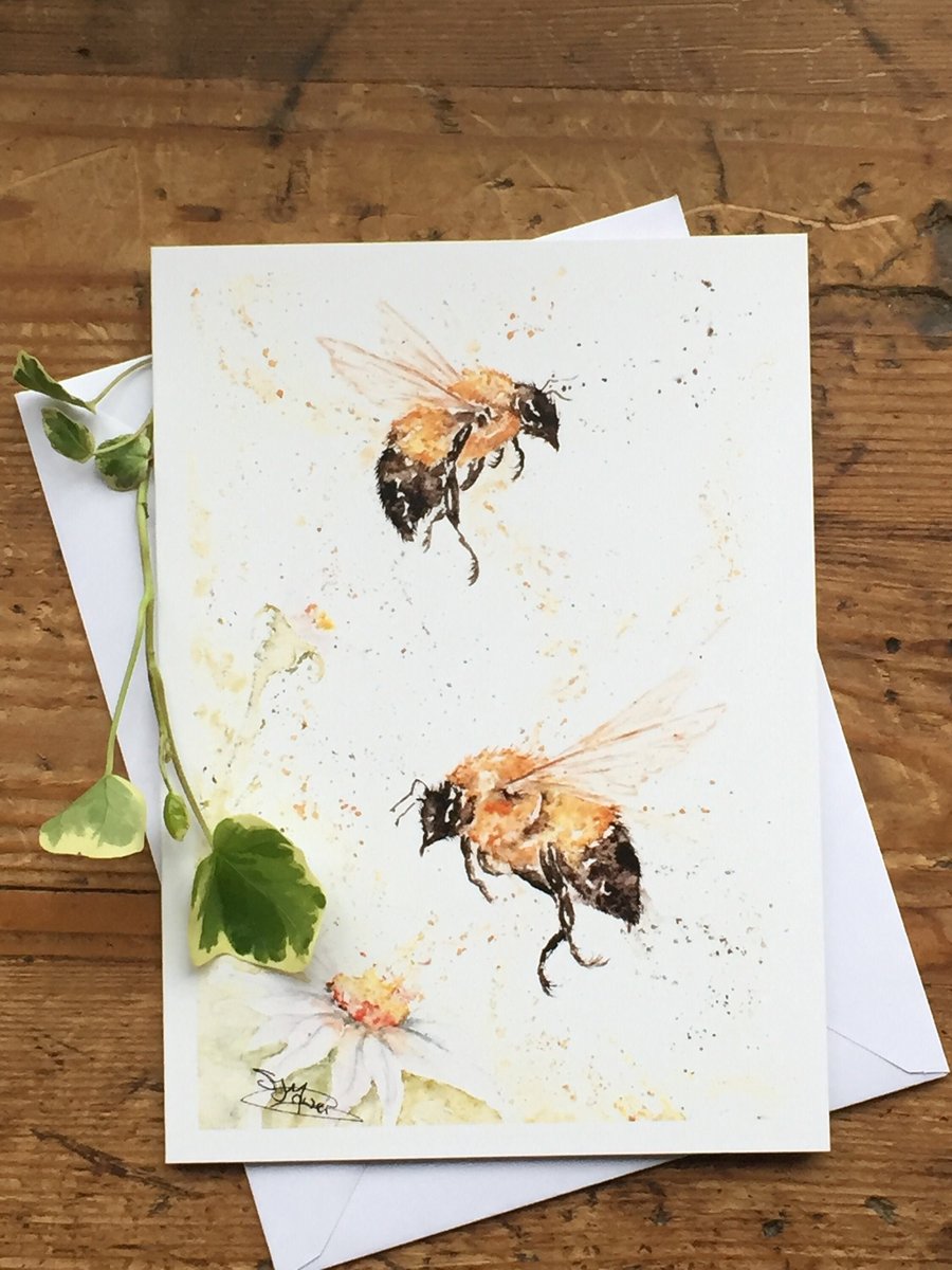Bees & Daisy Card, Floral Greetings Card, Wildlife Art Card, Birthday Card, Blan