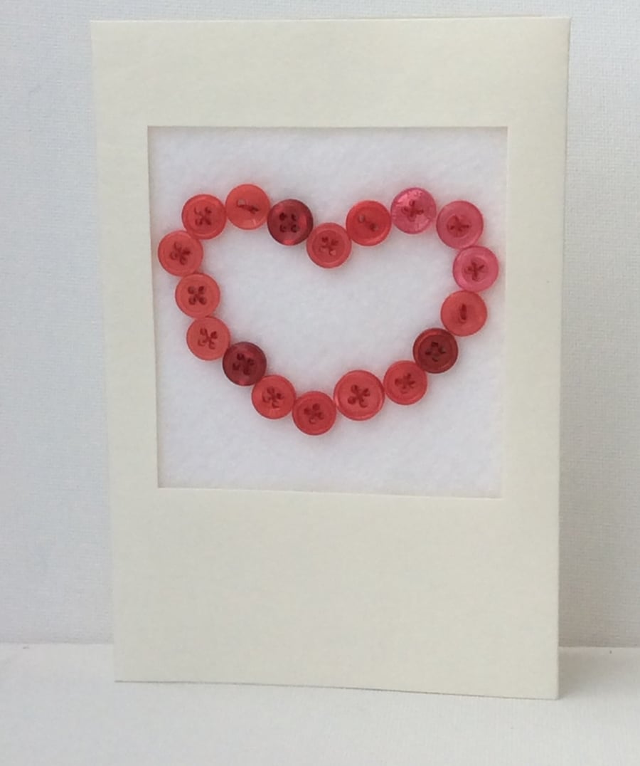Valentine’s Day Card, red button heart, white card, 