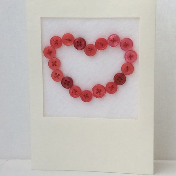 Valentine’s Day Card, red button heart, white card, 