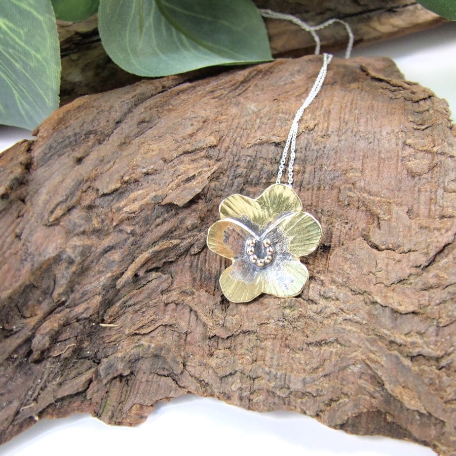 Pansy Flower Pendant, Sterling Silver and Brass Floral Necklace