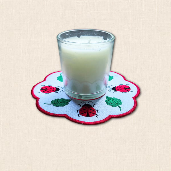 Ladybird Candle Mat - Embroidered Garden Home Decor