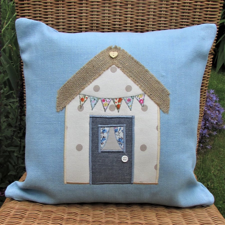 Beach hut cushion - Blue with cream and beige polka dot beach hut