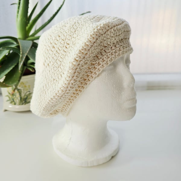 Cream Cotton Crochet Beret Hat