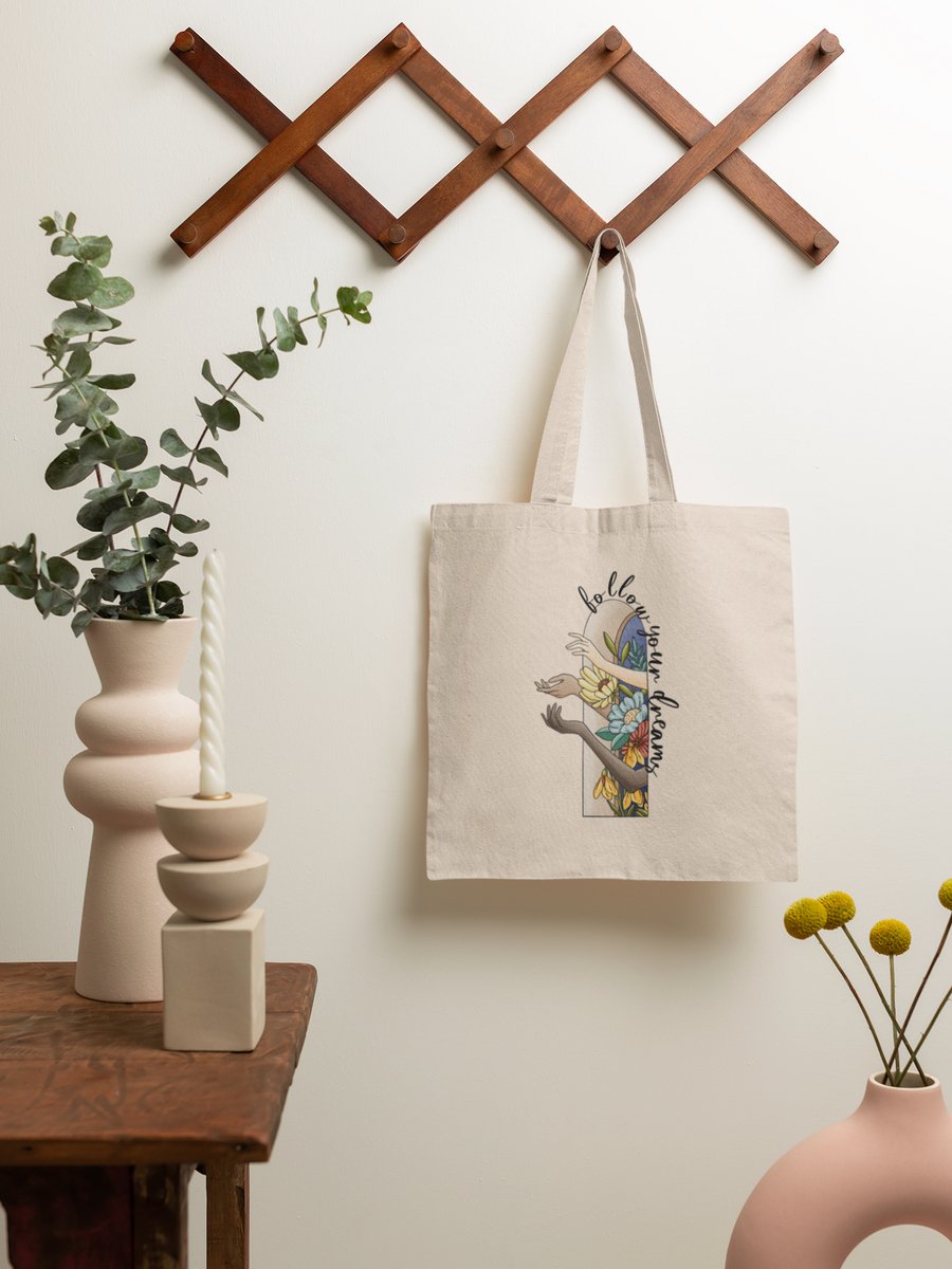 Follow your dream tote bag, Handmade tote bag, 100% Cotton, recyclable