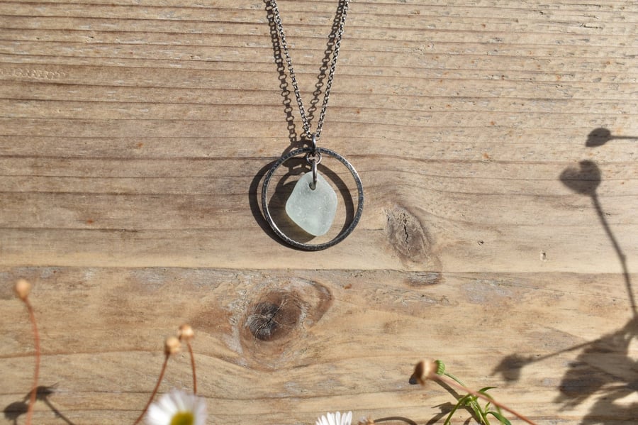 Image of Sea Glass and Recycled Sterling Silver Necklace, White Scottish Sea Glass