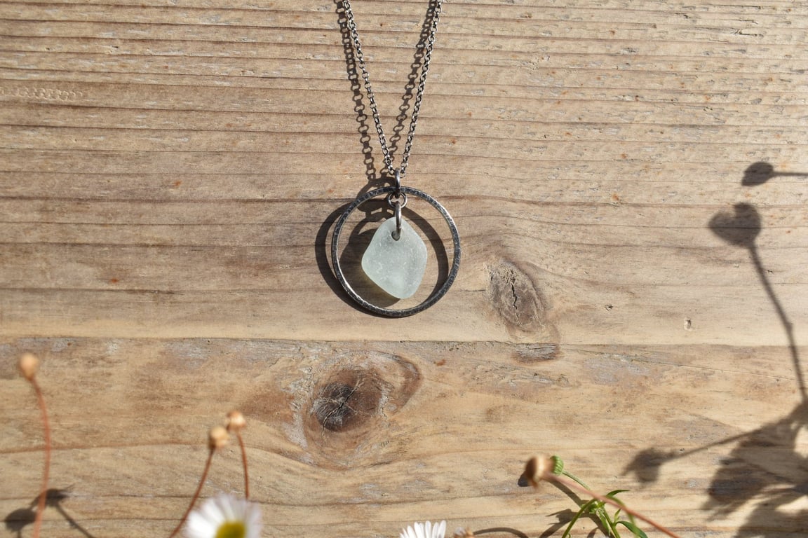 Sea Glass and Recycled Sterling Silver Necklace, White Scottish Sea Glass