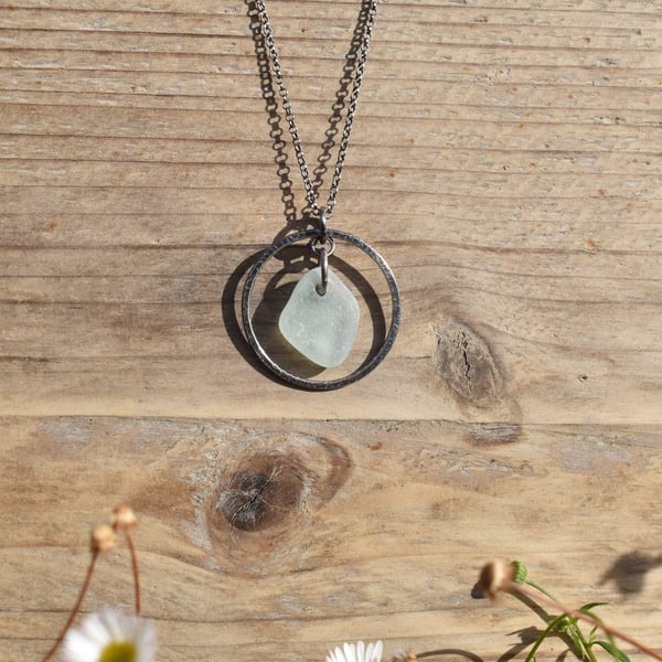 Sea Glass and Recycled Sterling Silver Necklace, White Scottish Sea Glass