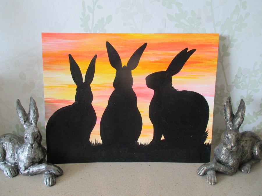 SALE Bunny Rabbit Silhouette Painting Original Art Picture Black Sunset Sky