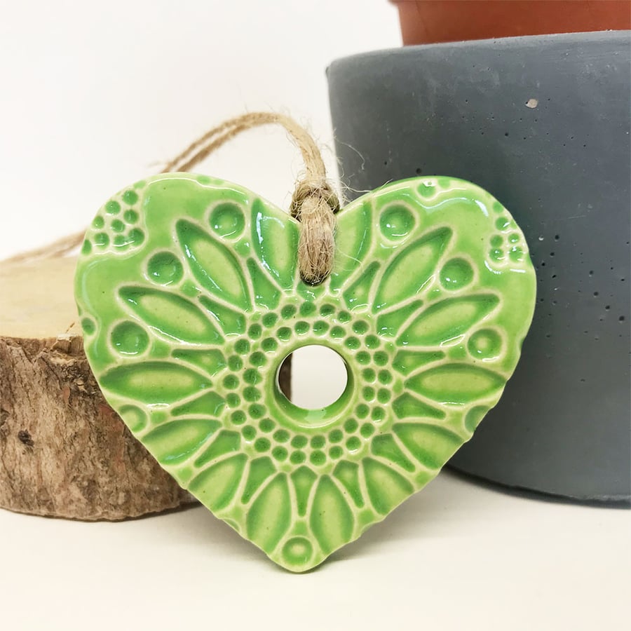 Small Ceramic heart hanging decoration Pottery Heart Folk art Green