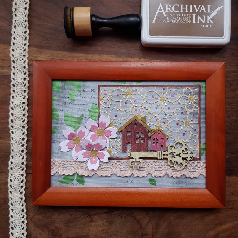Small houses and cherry blossom mixed media keepsake, home decor 