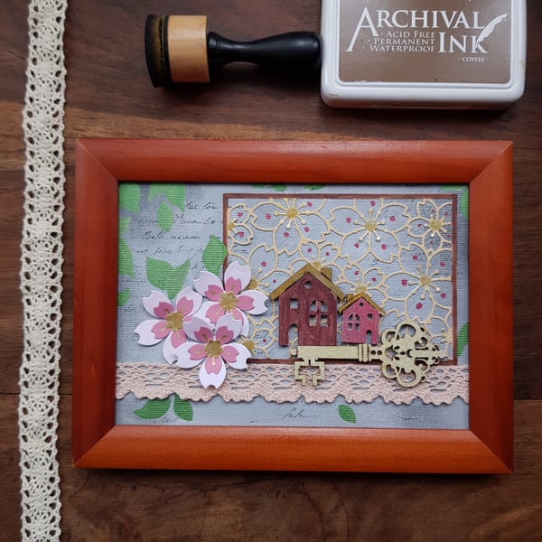 Small houses and cherry blossom mixed media keepsake, home decor 