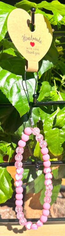 Handmade Pink Beaded Phone Charm with Heart Beads