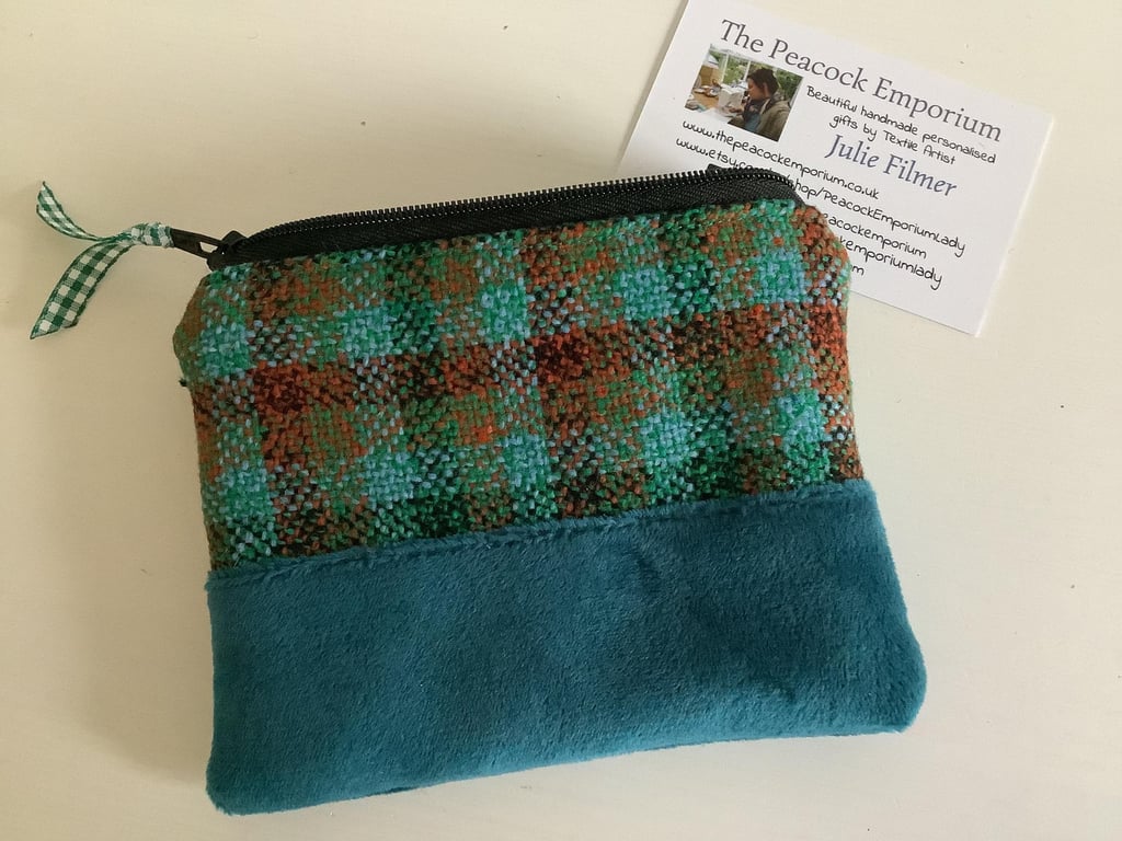 Purse with Vintage Tweed Fabric - Boho Patchwork Coin wallet or Pouch - Teal