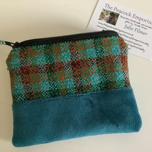 Purse with Vintage Tweed Fabric - Boho Patchwork Coin wallet or Pouch - Teal