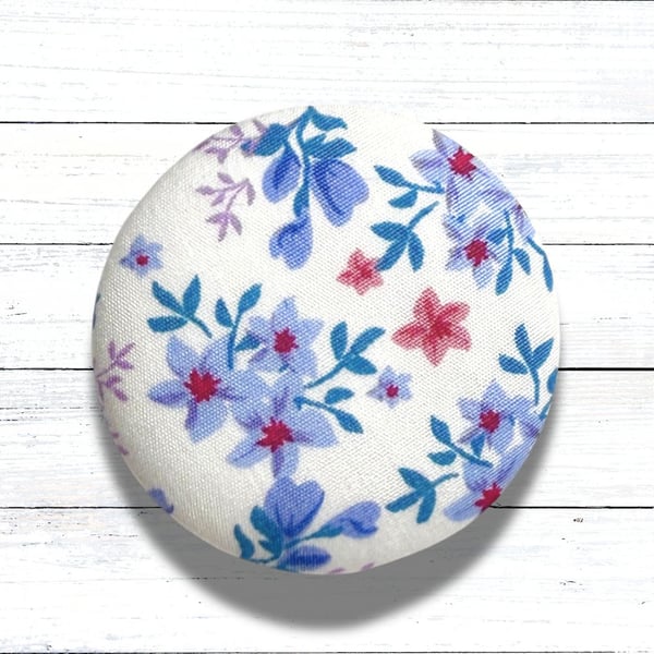 White and Blue Floral Fabric Covered Button Badge Brooch, Handmade