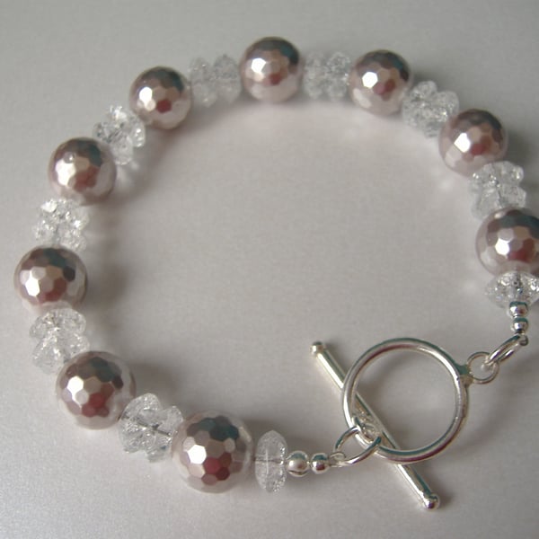 Clear Crackled Quartz & Mink Shell Pearl Bracelet - Sterling Silver 