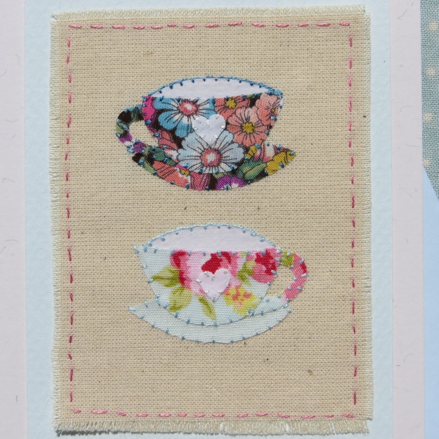 'Tea for Two'  hand-stitched card celebrating getting together for a cuppa!